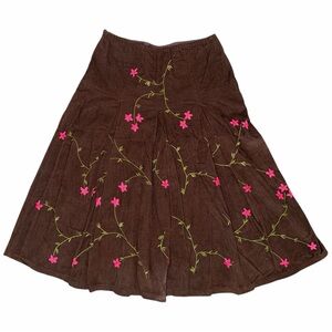 Vintage Embroidered Floral Corduroy Midi Skirt